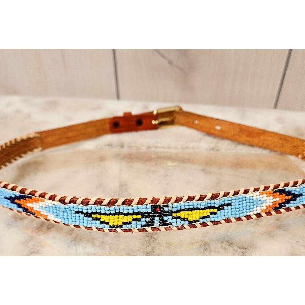 Childs Kids Youth Leather Beaded Belt Thunderbird Eagle Southwest Seed Beads 34"